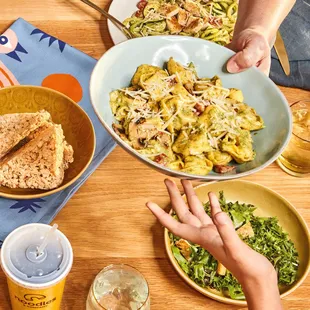 a table full of food and drinks