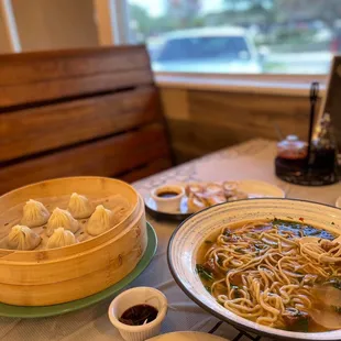 Xiao Long Bao (soup dumplings)  Very large and sharable Braised Beef Noodle Soup Pork and Scallion Dumplings