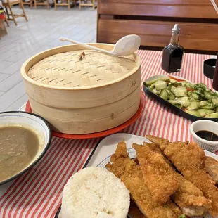 Tankatsu, soup dumplings, and cucumber salad