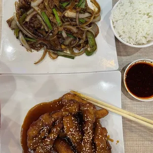 Mongolian Beef &amp; Sesame Chicken with Steamed Rice