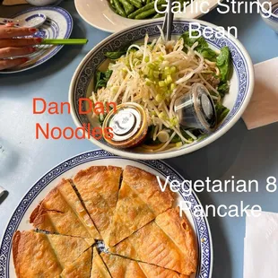 3 dishes:Onion pancake, Dan Fan noodles (unmixed), Garlic String Beans