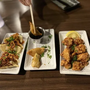 Karaage, fried potstickers, chili garlic gyoza