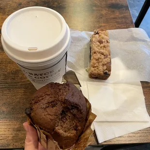 Latte, coffee muffin, blueberry bar