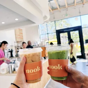 Iced matcha latte &amp; Iced Spanish latte