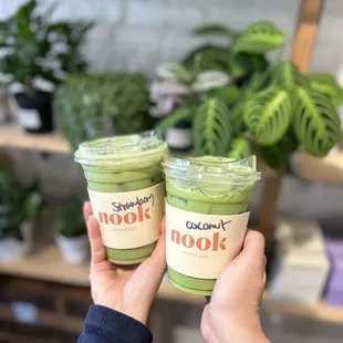 Strawberry matcha latte and coconut matcha latte