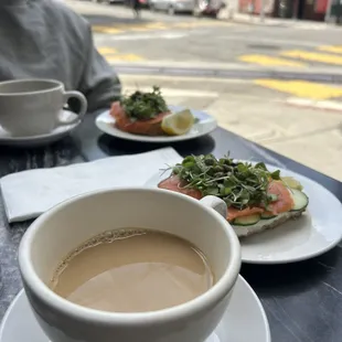 Coffee and salmon cucumber toast