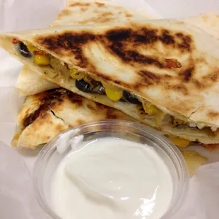 Veggie quesadilla (extra toasted and light on the cheese)