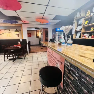 a bar with stools