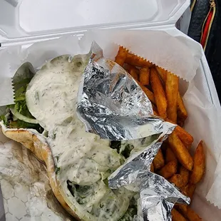 Falafel sandwich and seasoned fries
