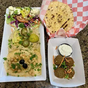 Noor Maza Special Platter (Hummus, baba ghanouj, 4 pieces of falafel, &amp; pita bread)