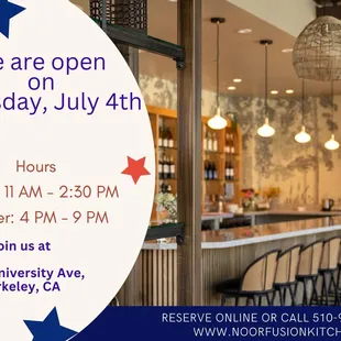 Yes we are open on Thursday July 4th. Reserve a Table to avoid waiting.