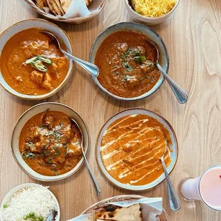 Butter Chicken, Plain Basmati Rice, Golden Rice, Butter Naan, Plain Naan, Rose Lassi, Mango Lassi