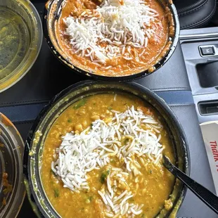 Paneer Tikka Masala and lentil soup with rice