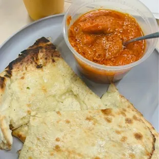 Garlic Cheese Naan, Butter Chicken, Mango Lassi