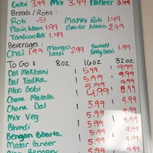 The handwritten menu on display.