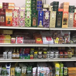 One of the shelves displaying Indian cosmetic items.