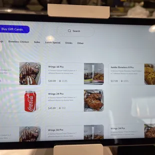 a menu on a tablet