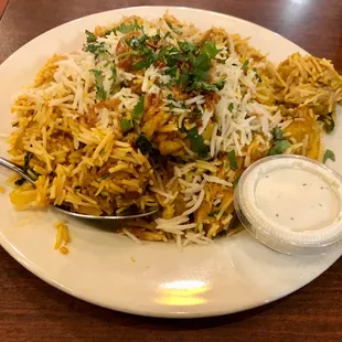 Chicken biryani. Good value at $14, but the meat-to-rice ratio was low. Seasonings on point.
