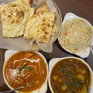 Naan (Buttered), Tikka Masala, Aloo mutter with ground beef, rice