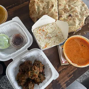 [[Take away]] Veggie Pakora (V. GF) + Basmati Rice + Naan (Buttered) + Chicken Tikka Masala Tray