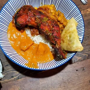 Chana Masala, samosa, tandoori chicken, butter chicken, rice