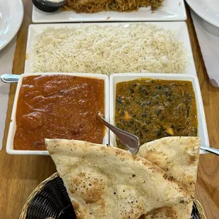 garlic naan, chicken tikka masala, saag paneer, basmati rice, lamb biryani