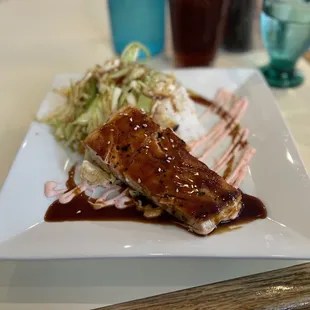 Soy Glazed Salmon with Sticky Rice and Asian Slaw