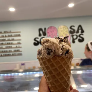 Cookie and cream in a waffle cone.