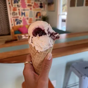Blueberry cheesecake in a waffle cone