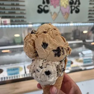 Double scoop as big as my head. Salted caramel brownie and cookies and cream in a house made waffle cone (also tasty)