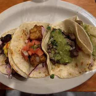 Taco Tuesday: pork belly, pescado (breaded white fish), carne asada, and barbacoa