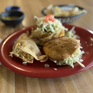 Taco, gordita and tostada compuesta w/ red.  So good. So full.