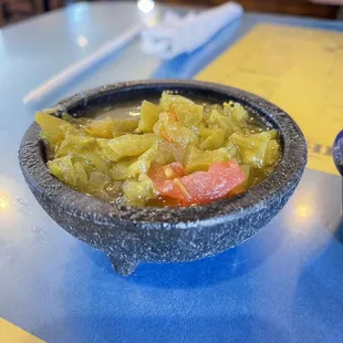 Amazing green chile salsa served warm.