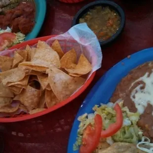 Chile con carne (pork) and beef tacos.