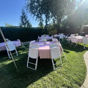 Rental for 84" round table and 40 chairs. All tables and chairs in good condition.