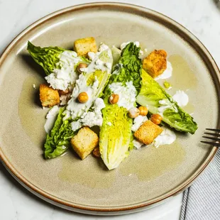 a plate of salad with croutons and dressing