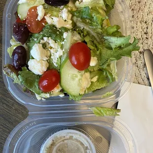 wilted lettuce. Tomatoes were questionable. Feta &amp; olives seemed ok but how can you eat something that smells rotten when you open it?