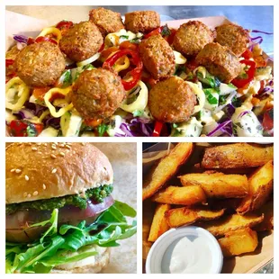 Falafel Nachos Farmer's Market Sandwich Handcut Wedge Fries