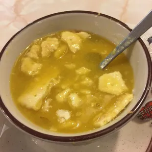 Chicken dumpling soup with crackers