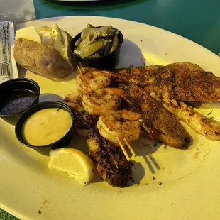 Blackened red snapper, shrimp, and scallops.