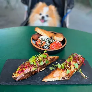 Meatballs w/ tomato, parm, focaccia ($9) + Chicken Liver Toast w/ balsamic, shallots ($11)