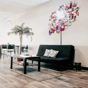 a living room with a couch and a coffee table