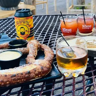 Soft pretzel with beer cheese sauce &amp; stone ground honey mustard, Pain Killer THC+CBD, Dead Elvis Old Fashioned, Bloody Mary Flight