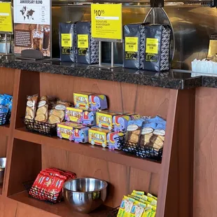 a display of coffee and snacks