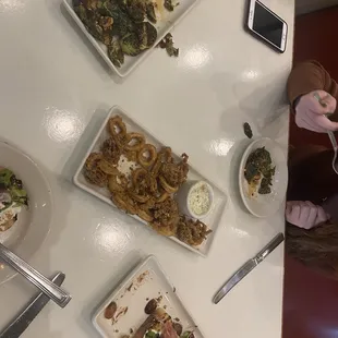 Brussel sprouts, calamari, and bruschetta