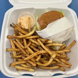 Cheeseburger Slider and fries with awesome sauce