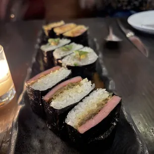 Musubi (spicy spam, scallop, short rib)
