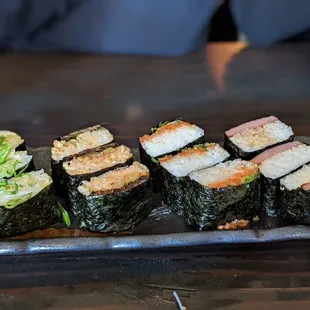 Left to right: Yellowtail, Galbi, Spicy Salmon Tartare, Spam classic Musubi