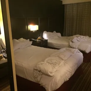 Double beds. Sorry I was exhausted so I messed up the sheets.