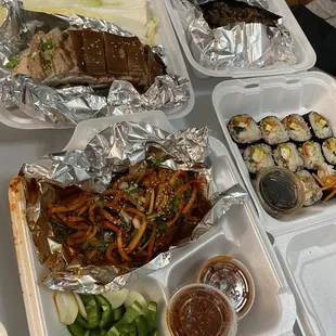 The bossam (2 left boxes). Kimbap. And bulgogi in the back right box.